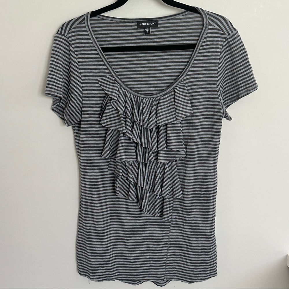 Bebe Sport size small Black and grey Striped Ruffle Blouse